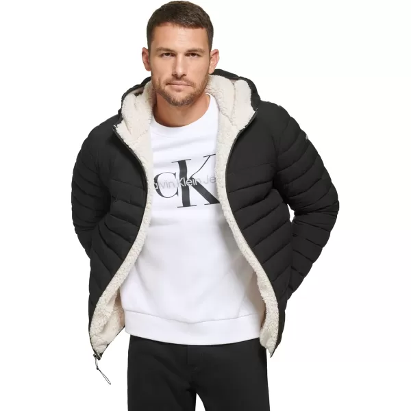 Calvin Klein Mens Hooded Down Jacket Quilted Coat Sherpa LinedEbony