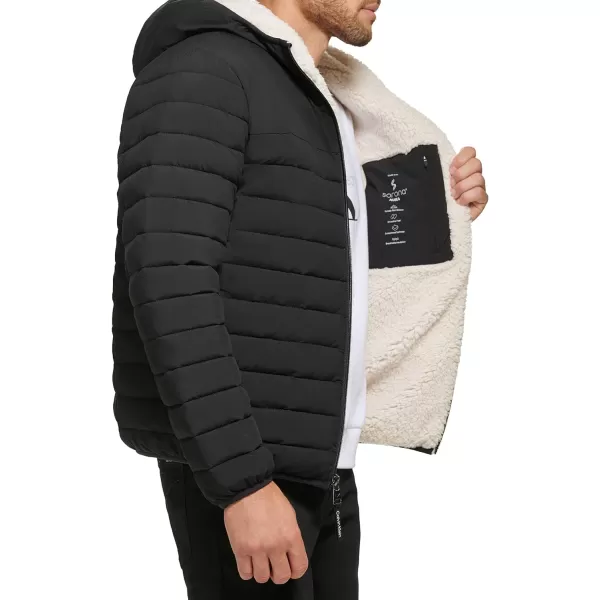 Calvin Klein Mens Hooded Down Jacket Quilted Coat Sherpa LinedEbony