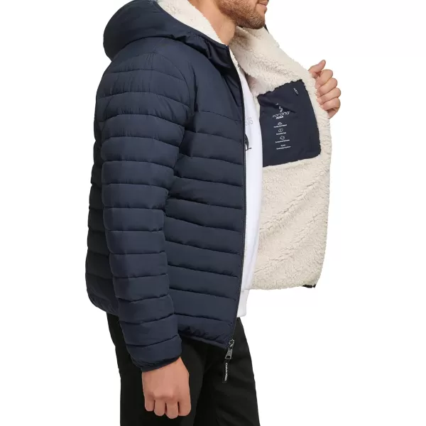 Calvin Klein Mens Hooded Down Jacket Quilted Coat Sherpa LinedTrue Navy