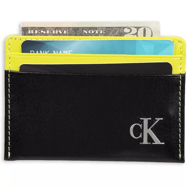 Calvin Klein Mens RFID Leather Slim Minimalist Card Case Wallet and Wallet SetsClassic BlackNeon Yellow Individual Wallet