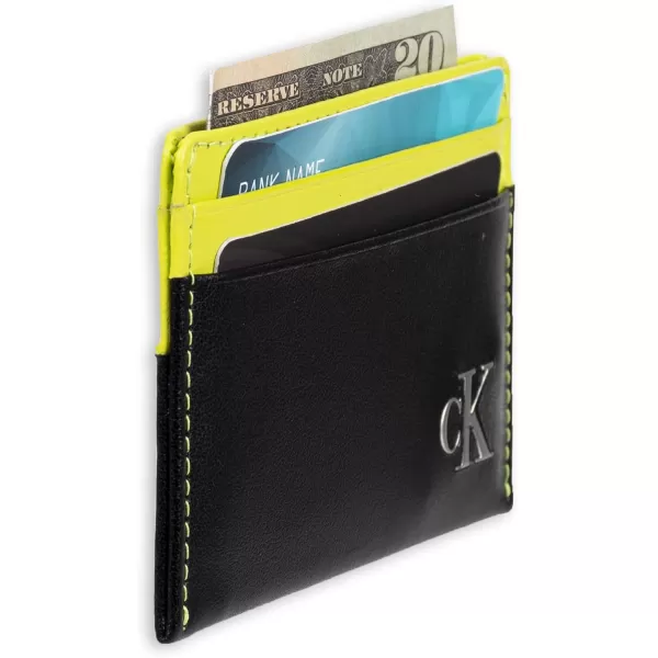 Calvin Klein Mens RFID Leather Slim Minimalist Card Case Wallet and Wallet SetsClassic BlackNeon Yellow Individual Wallet