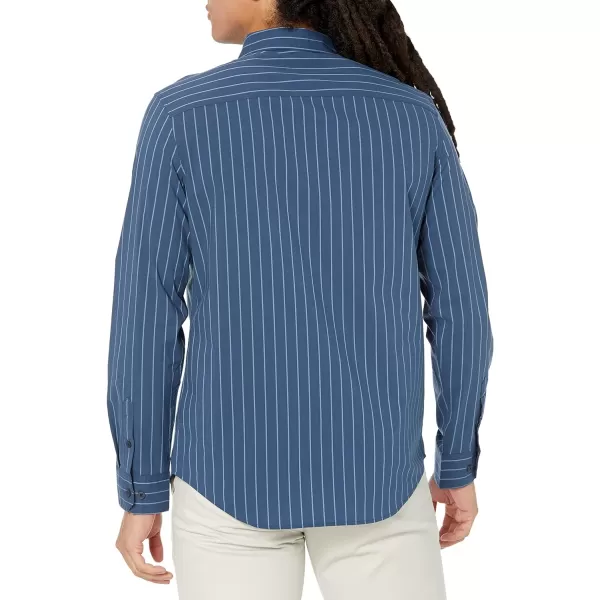 Calvin Klein Mens Stretch Cotton Monogram Logo Stripe Button Down ShirtCrayon Blue