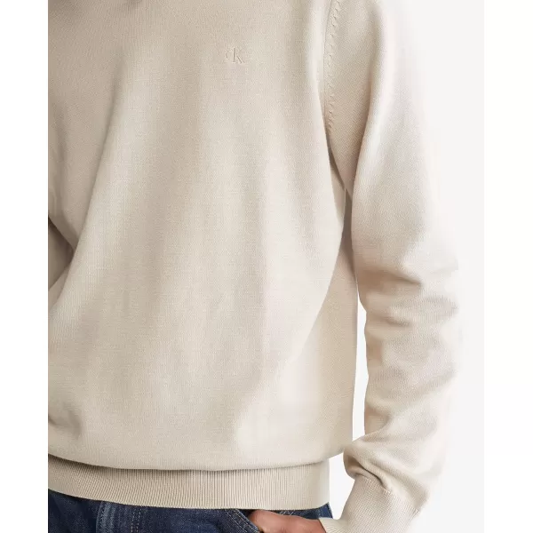 Calvin Klein Mens Supima Cotton Solid Monogram Logo SweaterWhite Pepper