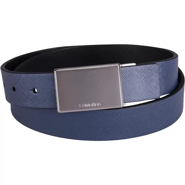 Calvin Klein Mens TwoInOne Reversible Modern Plaque Buckle Dress BeltBlueBlack Plaque