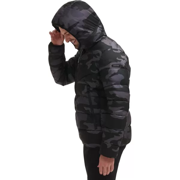 Calvin Klein Mens Winter CoatPuffer Stretch Jacket with Sherpa HoodBlack Camo