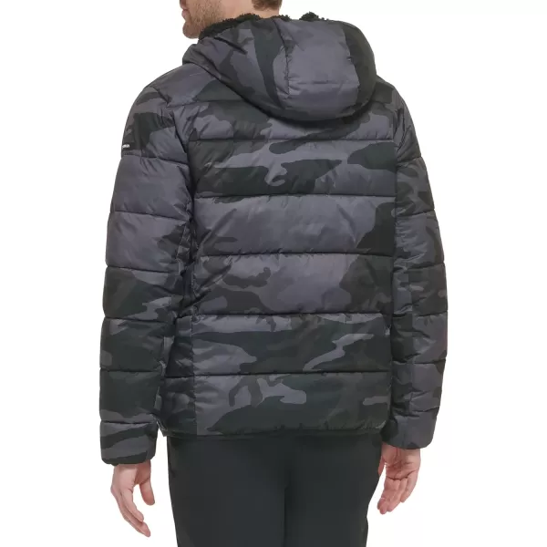 Calvin Klein Mens Winter CoatPuffer Stretch Jacket with Sherpa HoodBlack Camo