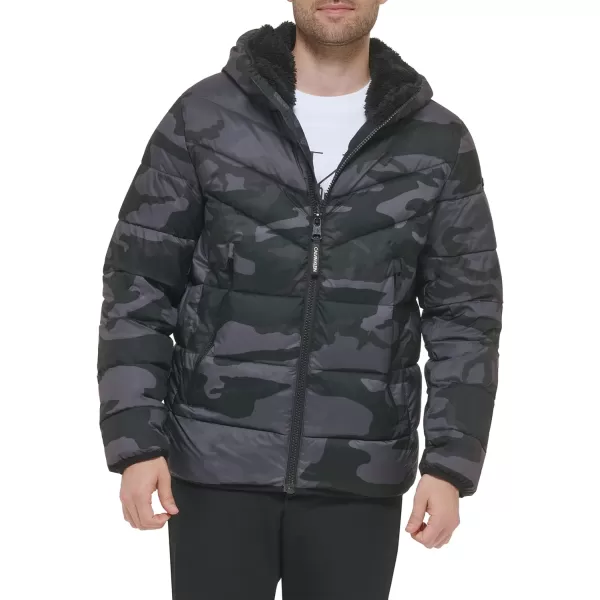 Calvin Klein Mens Winter CoatPuffer Stretch Jacket with Sherpa HoodBlack Camo