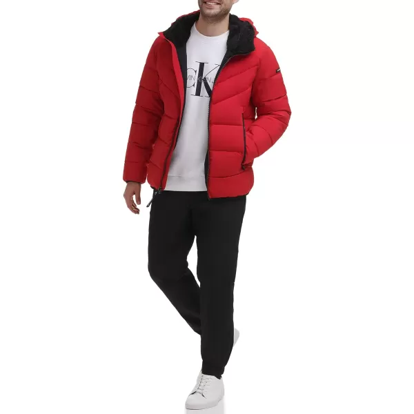 Calvin Klein Mens Winter CoatPuffer Stretch Jacket with Sherpa HoodDeep Red