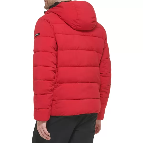 Calvin Klein Mens Winter CoatPuffer Stretch Jacket with Sherpa HoodDeep Red