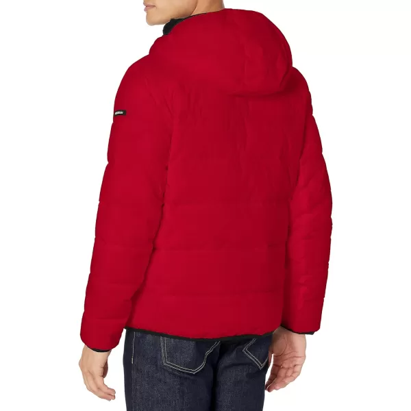 Calvin Klein Mens Winter CoatPuffer Stretch Jacket with Sherpa HoodDeep Red