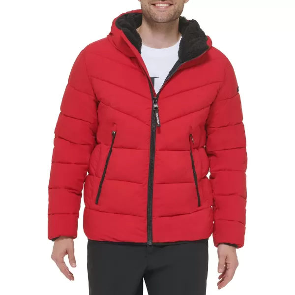 Calvin Klein Mens Winter CoatPuffer Stretch Jacket with Sherpa HoodDeep Red