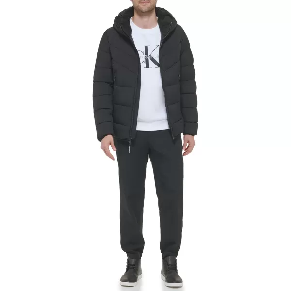 Calvin Klein Mens Winter CoatPuffer Stretch Jacket with Sherpa HoodEbony