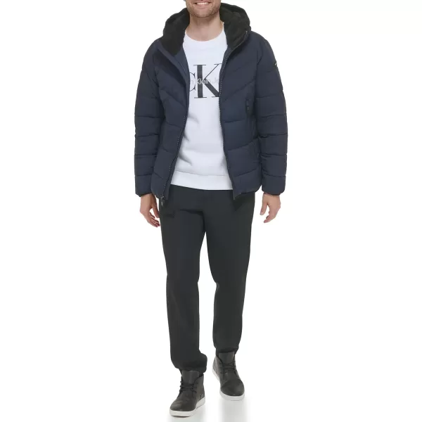 Calvin Klein Mens Winter CoatPuffer Stretch Jacket with Sherpa HoodTrue Navy