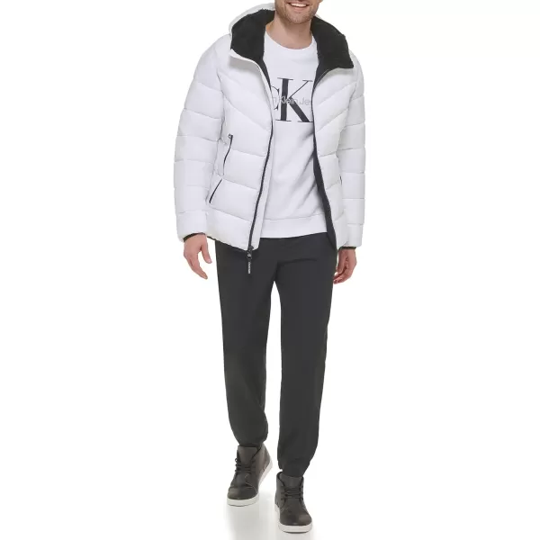 Calvin Klein Mens Winter CoatPuffer Stretch Jacket with Sherpa HoodWhite