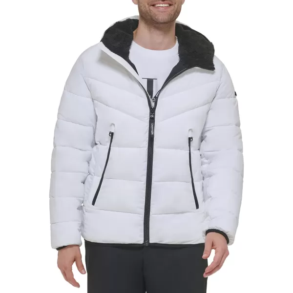 Calvin Klein Mens Winter CoatPuffer Stretch Jacket with Sherpa HoodWhite