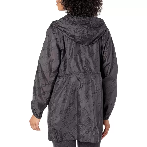 Calvin Klein Performance Womens Logo Print High Low Hem Hooded Jacket with Adjustable Bungee Waist and Zip PocketsBlack Combo