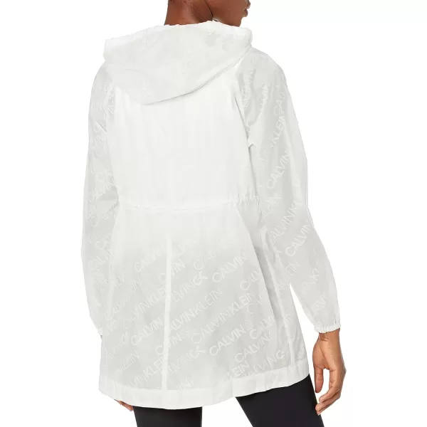 Calvin Klein Performance Womens Logo Print High Low Hem Hooded Jacket with Adjustable Bungee Waist and Zip PocketsWhite Combo