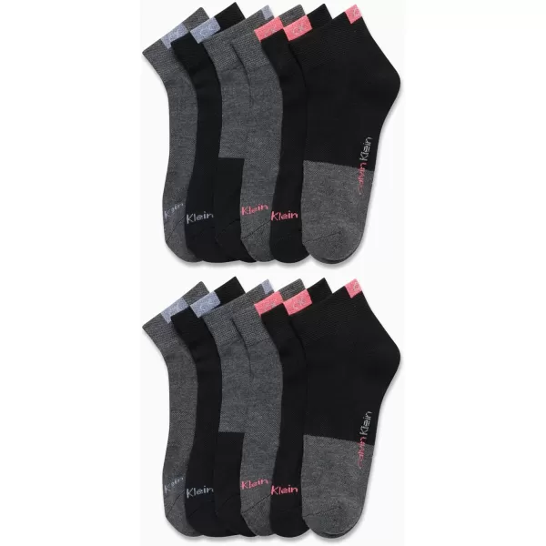 Calvin Klein Womens Athletic Sock  Cushion Quarter Cut Ankle Socks 12 PackBlackGrey