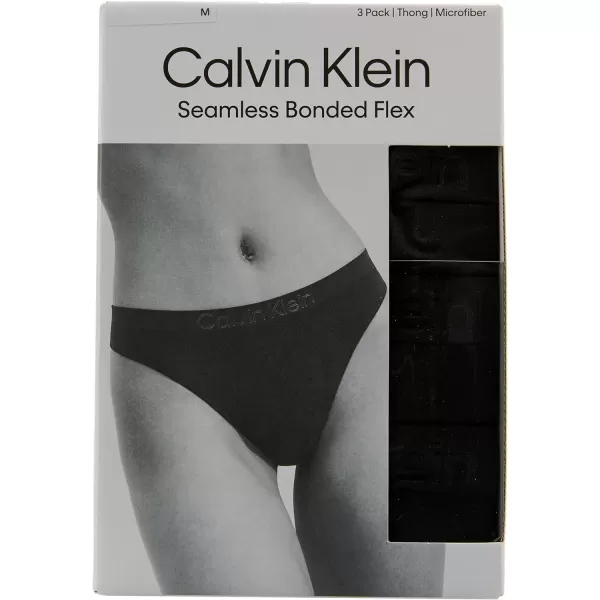 Calvin Klein Womens Bonded Flex Seamless 3Pack Mid Rise ThongBlack Black Black