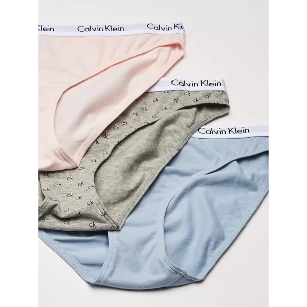 Calvin Klein Womens Carousel Logo Cotton Stretch Bikini Panties 3 Pack3 Nymphs ThighBlue FogAllover Mini Ckgrey Heather