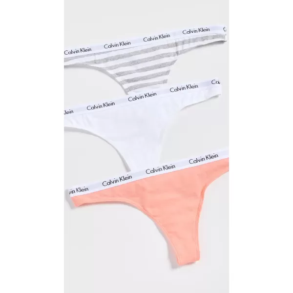 Calvin Klein Womens Carousel Logo Cotton Thong Multipack Panty3 Mellow OrangeWhiteRainer Stripe Grey Heather