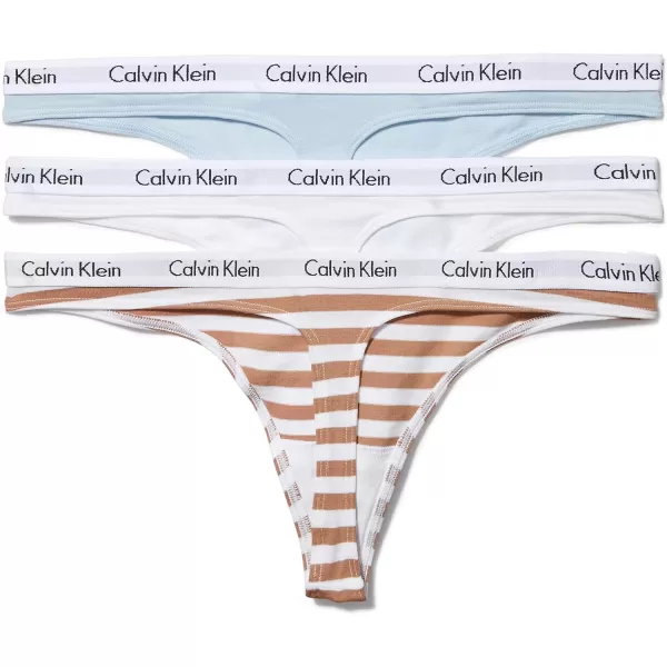 Calvin Klein Womens Carousel Logo Cotton Thong Multipack PantyPalest BlueWhiteRainer Stripe Sandalwood