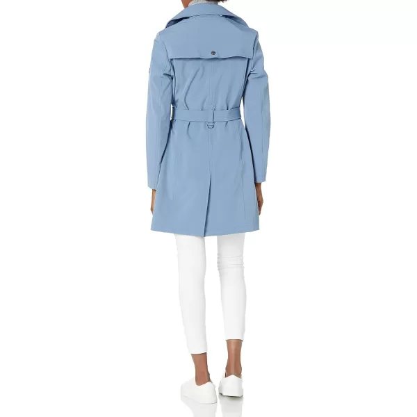 Calvin Klein Womens Double Breasted Belted Rain Jacket with Removable HoodBlue Dusk