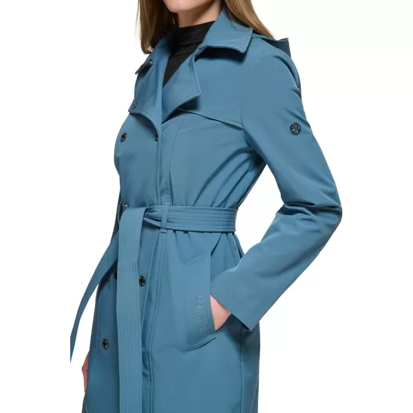 Calvin Klein Womens Double Breasted Belted Rain Jacket with Removable HoodOasis Teal