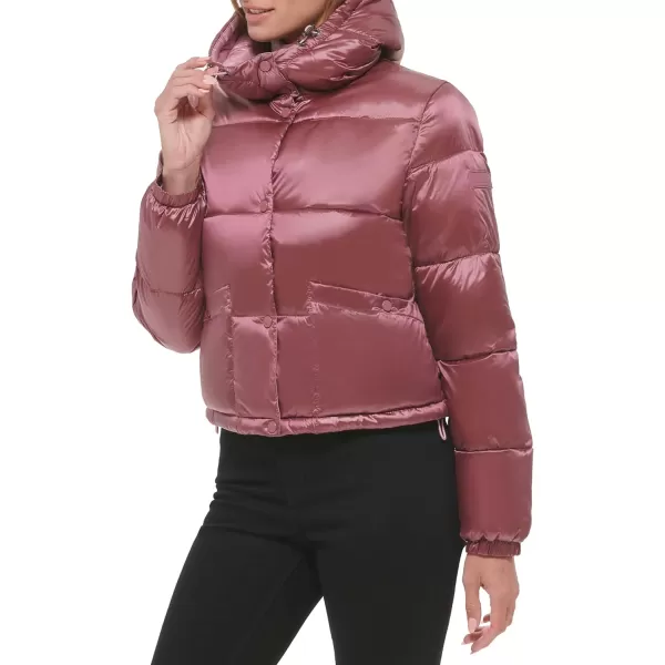 Calvin Klein Womens Lightweight Cropped Hooded Snap Pockets PufferPearlized Raspberry Wine