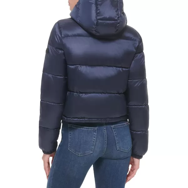 Calvin Klein Womens Lightweight Cropped Hooded Snap Pockets PufferShine Dark Indigo