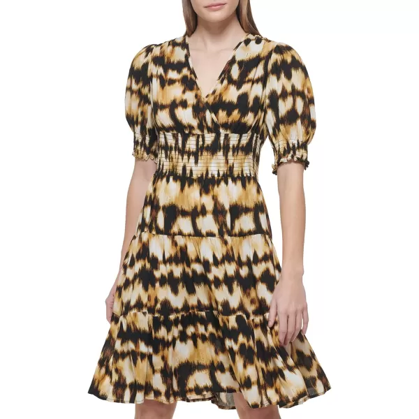 Calvin Klein Womens Novelty Chiffon Dress with Side Pleated RuffleLuggage Multi