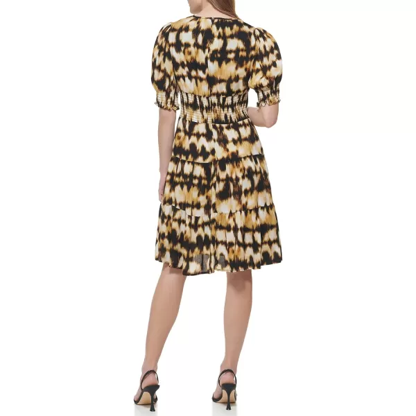 Calvin Klein Womens Novelty Chiffon Dress with Side Pleated RuffleLuggage Multi