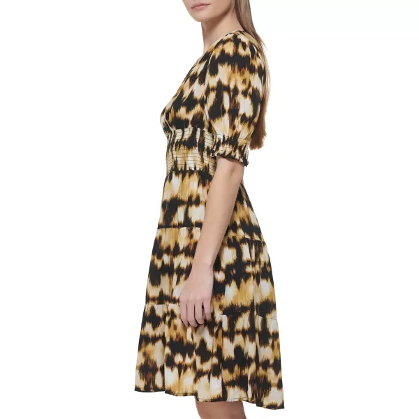 Calvin Klein Womens Novelty Chiffon Dress with Side Pleated RuffleLuggage Multi