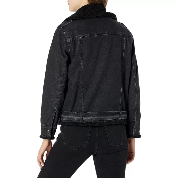 Calvin Klein Womens Oversized Belted Moto with Sherpa Denim JacketFalcon Black