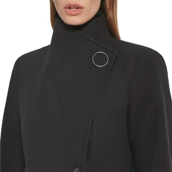 Calvin Klein Womens Ring Snap Detail Asymmetrical Closure Stand Collar Welt Pockets CoatBlack