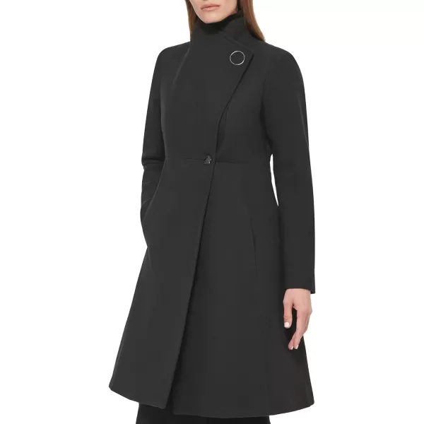 Calvin Klein Womens Ring Snap Detail Asymmetrical Closure Stand Collar Welt Pockets CoatBlack