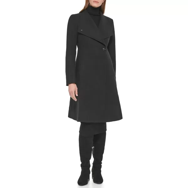 Calvin Klein Womens Ring Snap Detail Asymmetrical Closure Stand Collar Welt Pockets CoatBlack