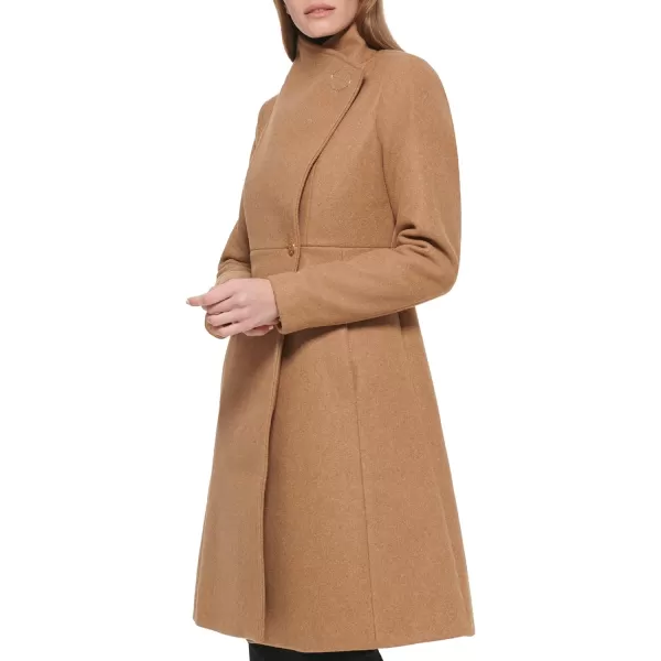 Calvin Klein Womens Ring Snap Detail Asymmetrical Closure Stand Collar Welt Pockets CoatDark Camel Melange