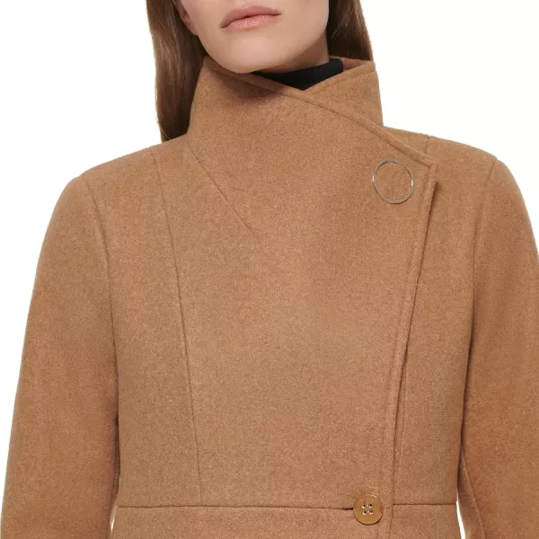 Calvin Klein Womens Ring Snap Detail Asymmetrical Closure Stand Collar Welt Pockets CoatDark Camel Melange