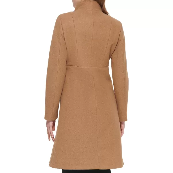 Calvin Klein Womens Ring Snap Detail Asymmetrical Closure Stand Collar Welt Pockets CoatDark Camel Melange