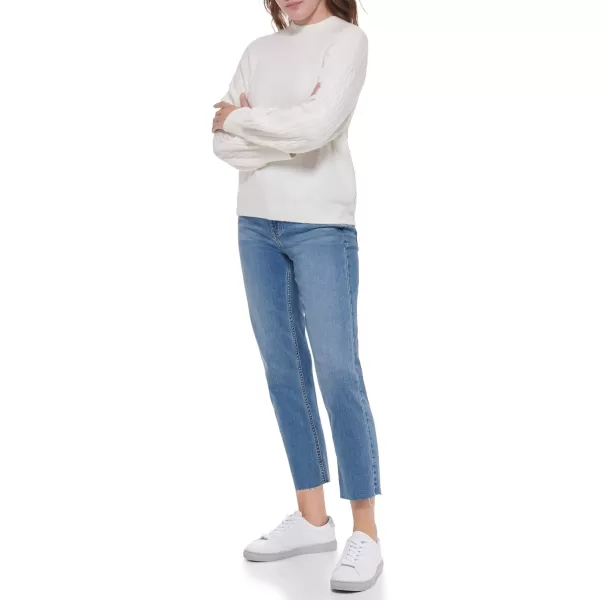 Calvin Klein Womens Round Neck Sweater with Cable Knit SleeveMascarpone