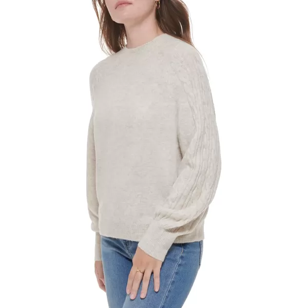 Calvin Klein Womens Round Neck Sweater with Cable Knit SleeveMocha Heather