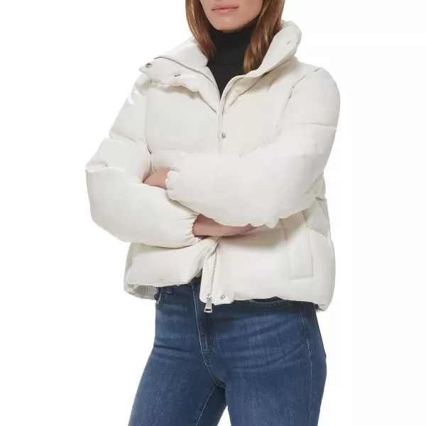 Calvin Klein Womens Short FauxLeather Puffer JacketTofu