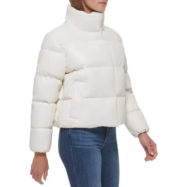 Calvin Klein Womens Short FauxLeather Puffer JacketTofu