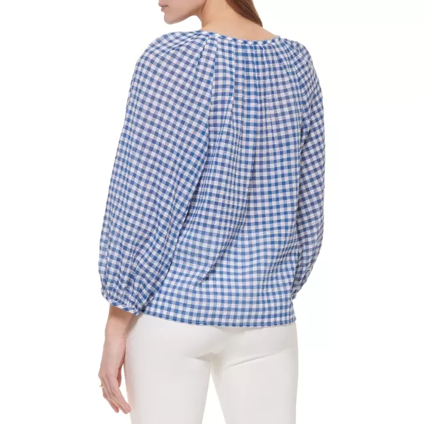 Calvin Klein Womens Sportswear Everyday Casual VNeck Gingham BlouseBluWht Combo