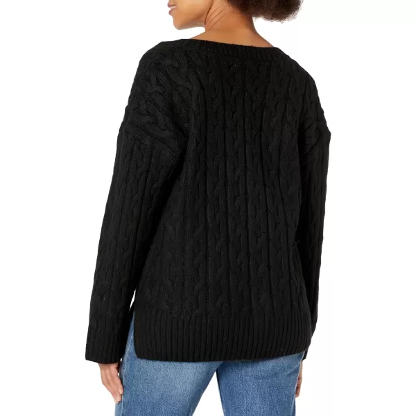 Calvin Klein Womens V Neck Cable Long Sleeve SweaterBlack