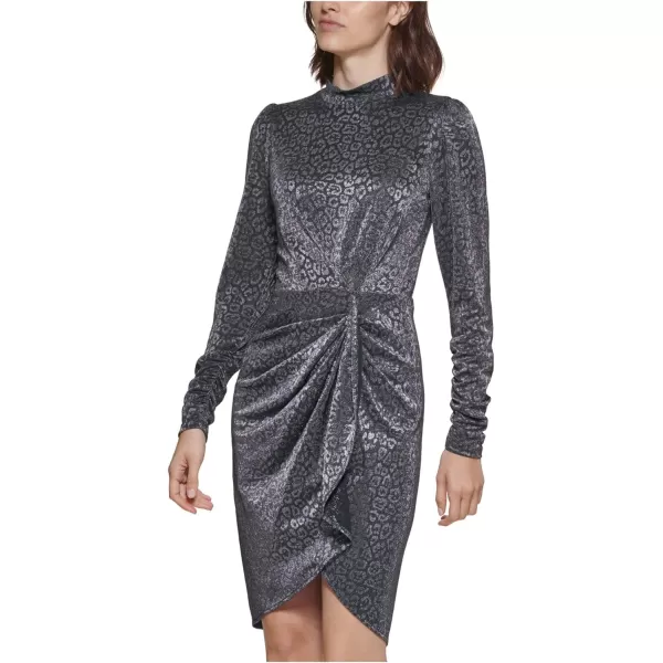 Calvin Klein Womens Velvet Long Sleeve Faux Wrap DressBlack and Silver