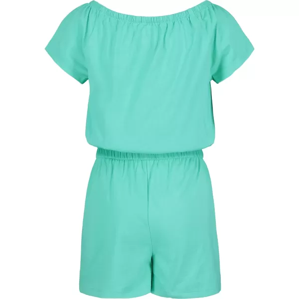 Calvin Klein girls Short Sleeve Knit Romper Elastic Neckline amp Cinched WaistAqua Green