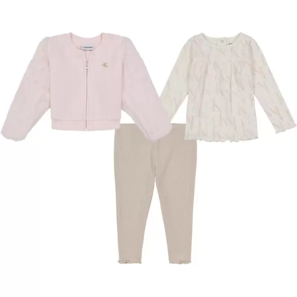 Calvin Klein Baby Girls 3 Piece Jacket Top Legging SetHeavenly Pink  Egret  Oatmeal