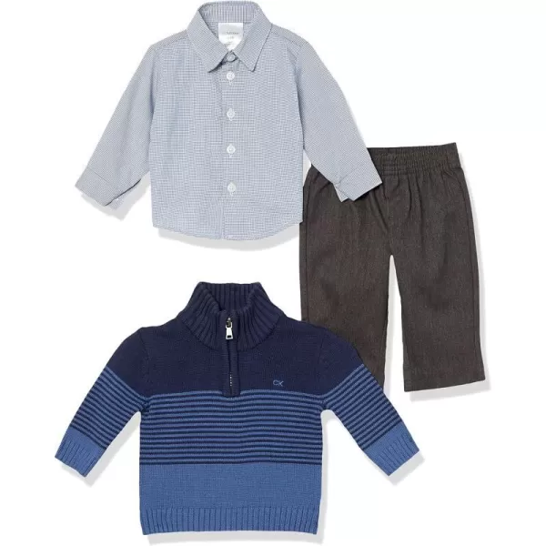 Calvin Klein Boys 3piece Sweater Set With Matching Buttondown Shirt and PantsBlue Block